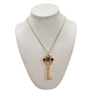 Gold Tone Key Necklace Blue Red Clear Stones Cross 3" Pendant 28" Chain Japan